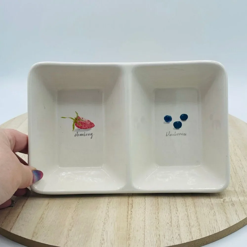 Rae Dunn Divided Fruit Tray DIsh Connected Bowls Strawberries & Blueberries